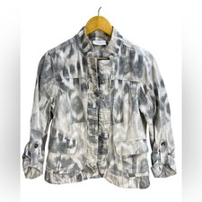 Chico's Linen Cotton Open Front Jacket Size 1 US 8/10 Monochrome White Gray