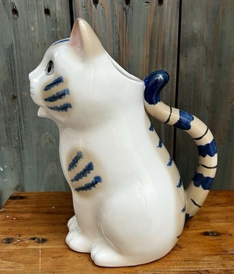 Vintage 8  Ceramic Cat Pitcher Blue Striped Kitty Creamer Vase