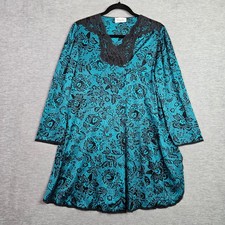 Vintage Vanity Fair Teal Black Floral Lace Trim Nylon Tricot Nightgown Small USA
