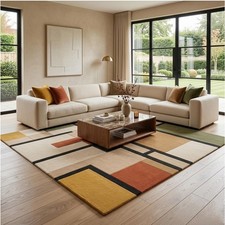 Mid Century Modern Geometric Hand Tufted Abstract Bauhaus Wool Bedroom Area Rug