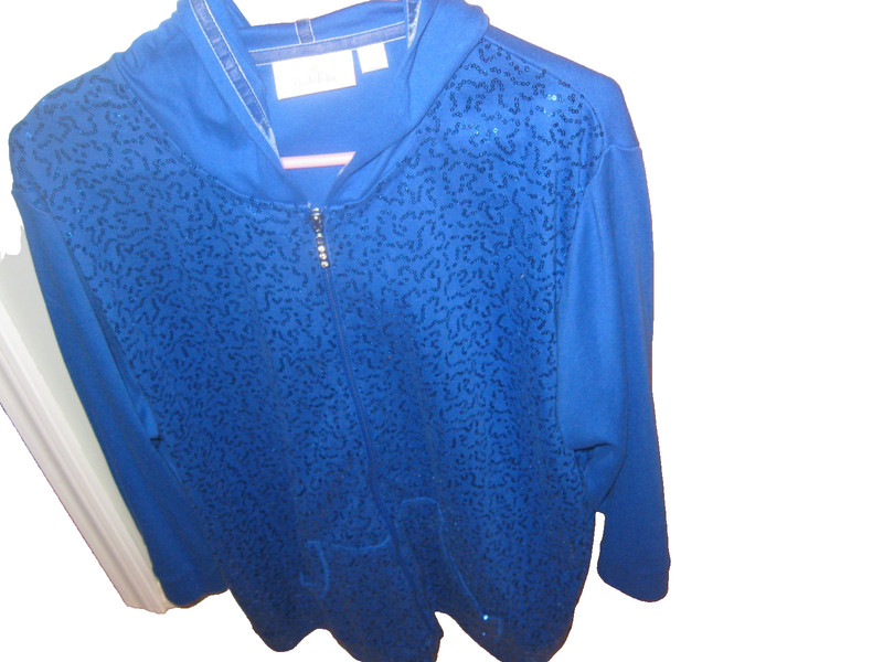 QUACKER FACTORY~ VIBRANT BLUE HOODIE~SIZE: XL ~WITH SEQUINS ~FULL  ZIPPER~NWOT