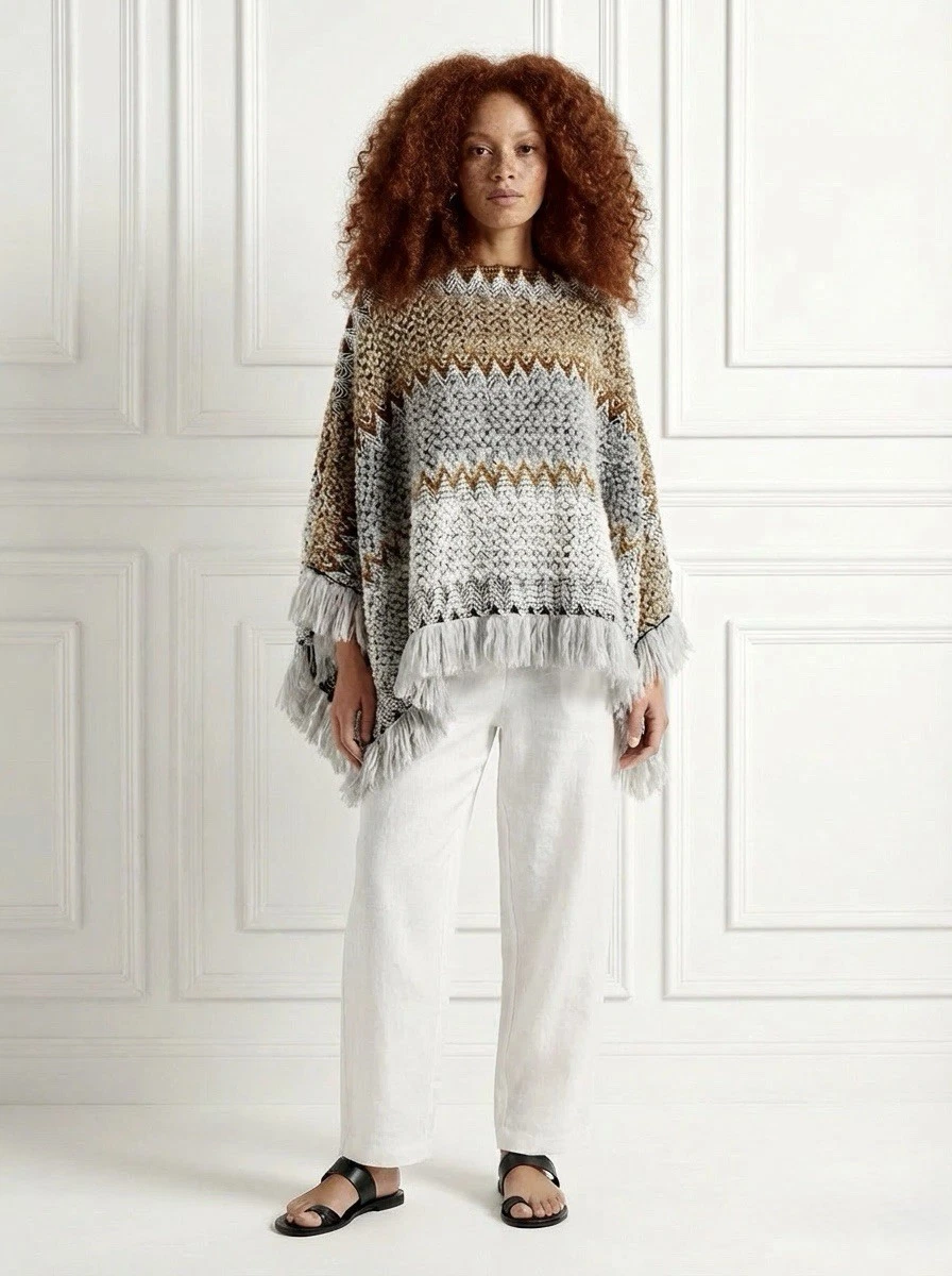 Crochet Knitted Edgy Urban Boho Grey Knit Poncho Casual Jumper Jacket 10 12