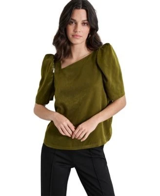 DKNY Womens Satin Puff-Sleeve Blou Dark Olive S 755403515513 S RT $89.0