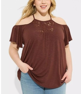 TORRID BROWN SLUB JERSEY CROCHET FRONT COLD SHOULDER TEE PLUS SIZE 2, 2X, 18-20