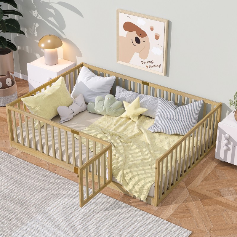 Full Size Montessori Floor Bed with Fence Door &amp; Wood Slats for Kids, Red