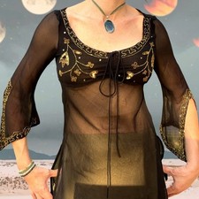 Deadstock Y2K Black Beaded Mesh Top Whimsigoth Bell Sleeve Fairy Blouse