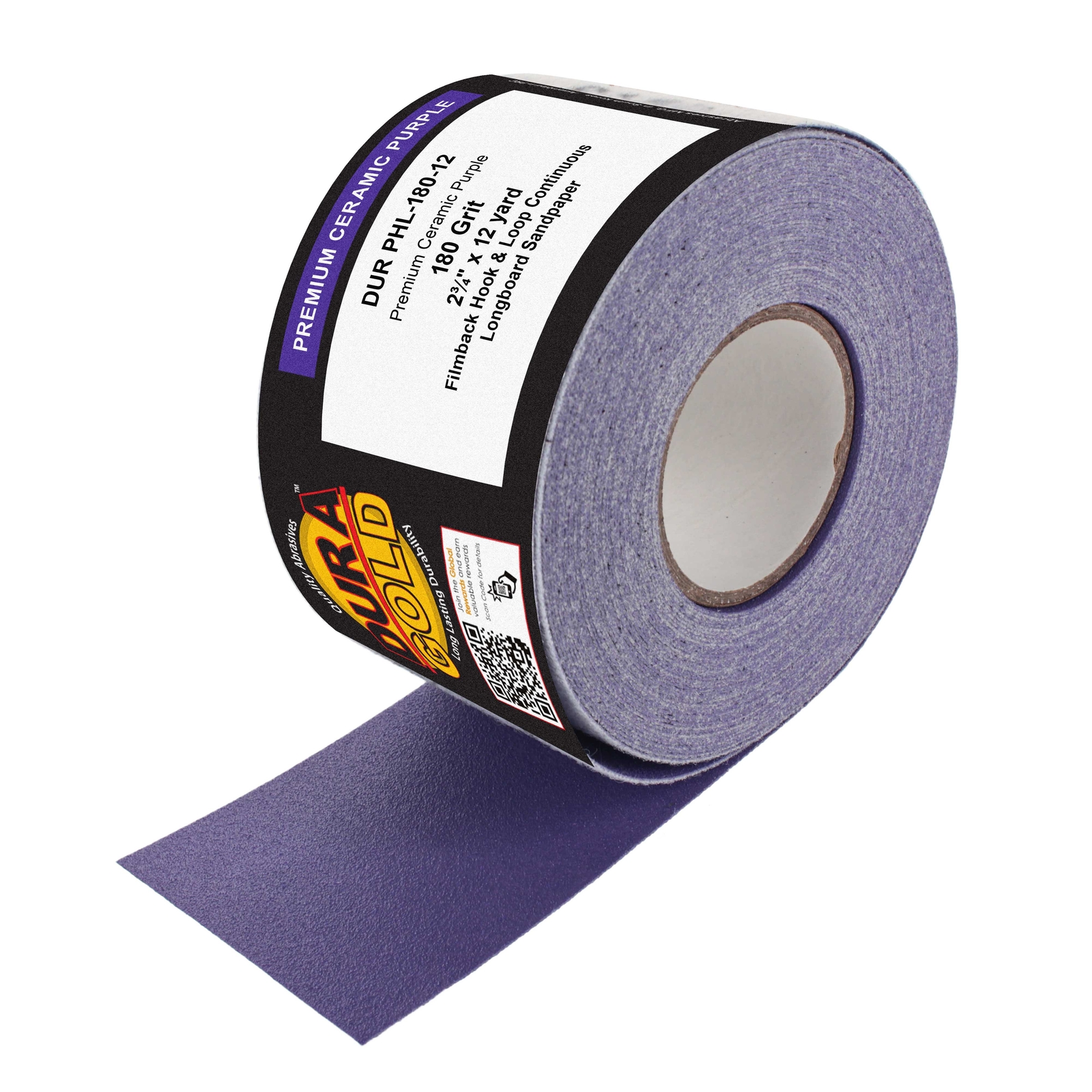 180 Grit Purple Ceramic 2.75" x 12 Yard Roll Hook and Loop Longboard Sandpaper
