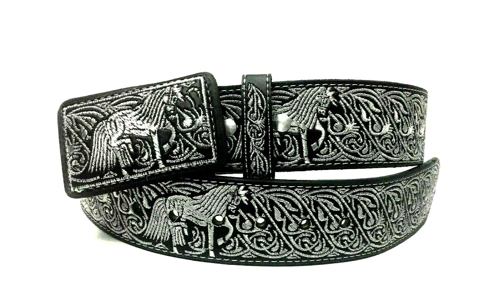 CINTO CHARRO BORDADO HILO PLATEADO. MENS WESTERN SILVER EMBROIDERED COWBOY BELT