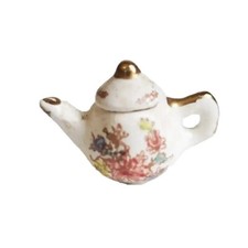 Vtg Dollhouse Miniature WHITE FLORAL TEAPOT 1:12 ARTISAN SIGNED