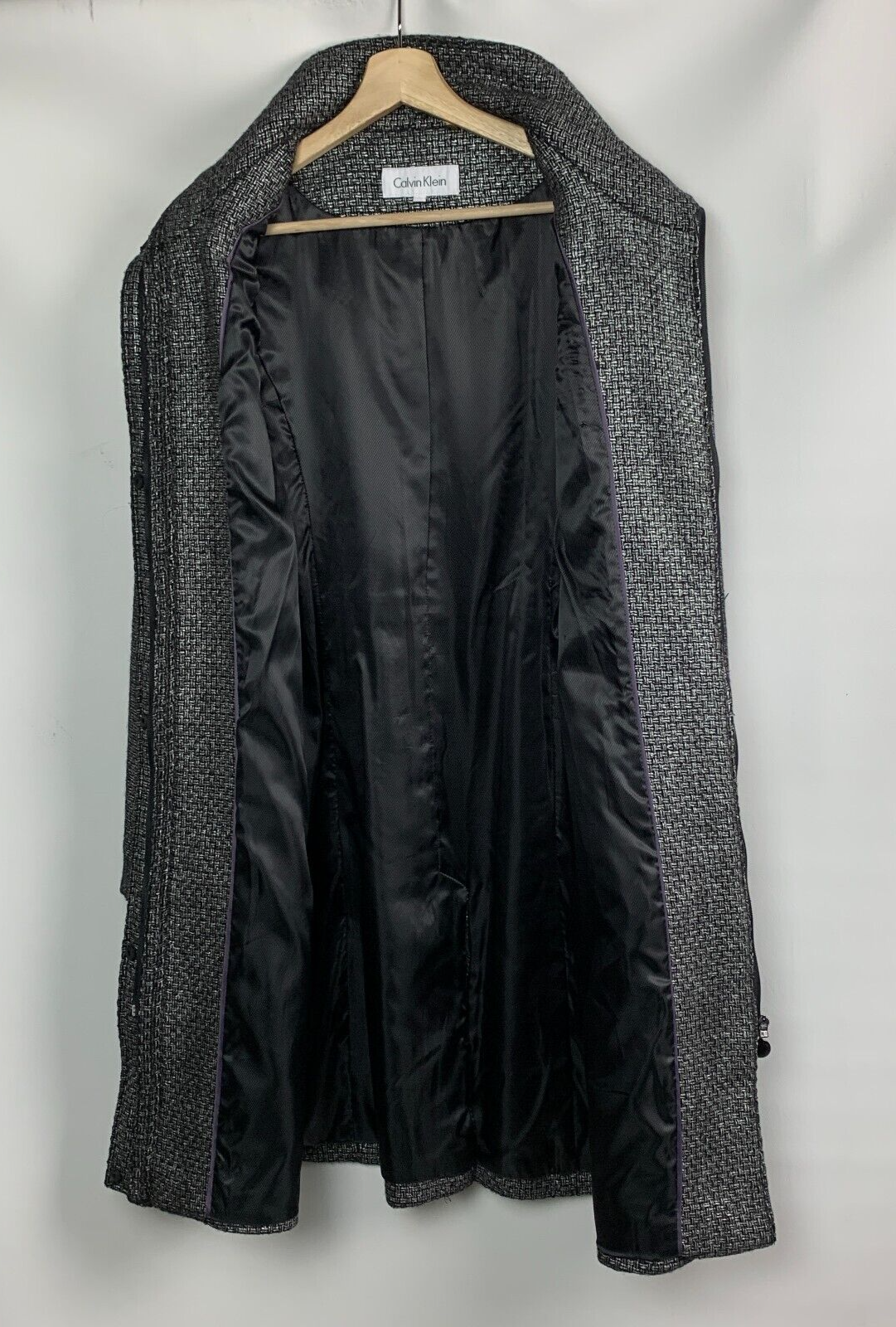 ALTRA Cappotto Calvin Klein nero argento supporto colletto zip bottoni a pressione tasche foderato taglia 6