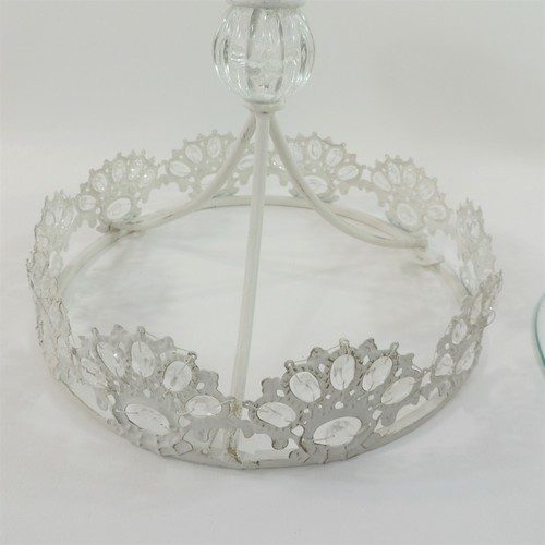 White Iron Shabby Pedestal Cupcake Stand Cake Plate Faux Crystal Beads & Lace - Picture 9 of 9