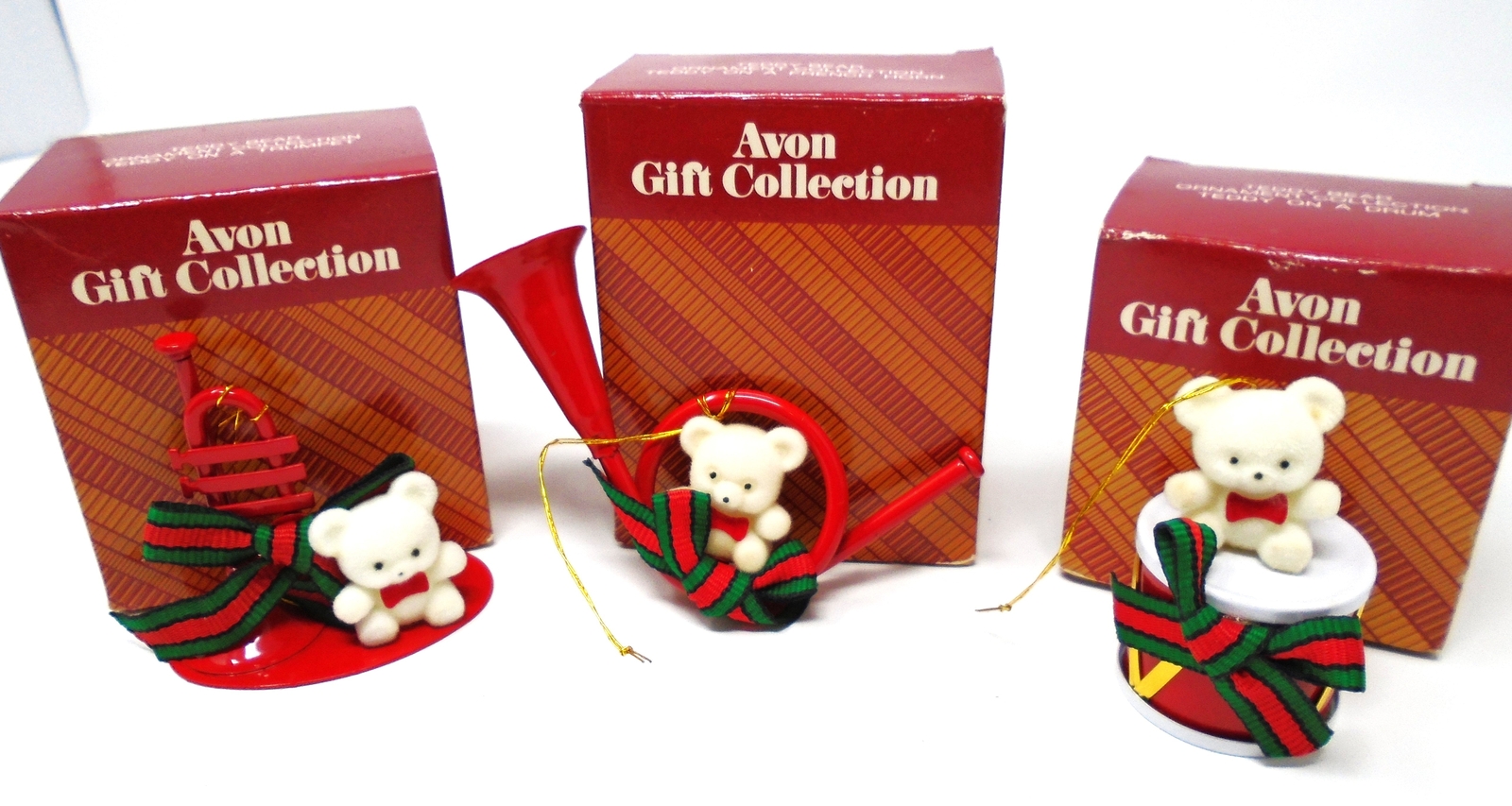 NIB Vintage Avon Teddy Bear Ornament Collection Lot of 3 Trumpet/French