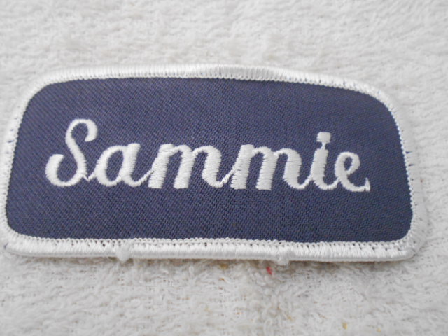 SAMMIE  USED EMBROIDERED  SEW ON NAME PATCH TAG WHITE ON DARK BLUE