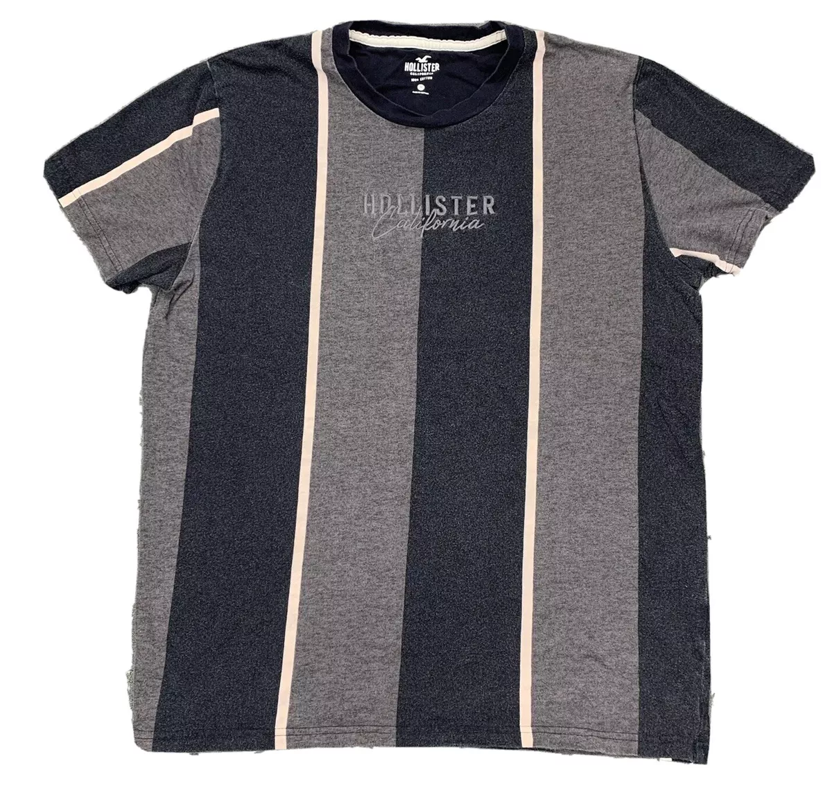 Hollister T-Shirt Adult M Medium Black Gray Striped Spell Out Logo Causal  Mens