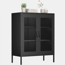Bathroom Floor Storage Cabinet 40 Inch Black Metal 2 Adjustable Shelves 4 Doors