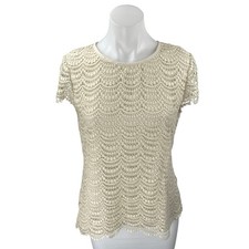 Banana Republic Cream Beige Crochet Lace Short Sleeve Crew Neck Blouse Top Sz 4