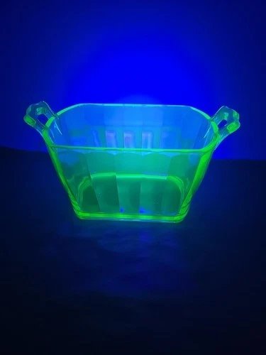 Vtg Depression Uranium Glass Serving Dish w/Handles Art Deco Paneled