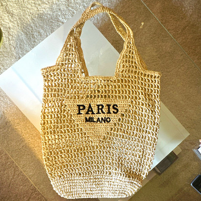 Damen Tragetasche Shopper Bast gestrickt beige Doppelgriff Logo-Print Paris