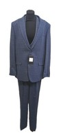New Dobell Blue Windowpane Tweed Wool Blend Three Piece Suit, UK 44R, Waist 36.