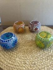 Mosaic Candle Holder Set of 4, Diwali Decoration for Home, Handmade Mosaic Glass
