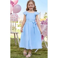 Girls Light Blue Chiffon Flutter Sleeve Maxi Dress Formal Wedding Party Sash
