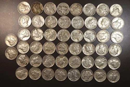 1940's & 1930's Mercury Silver Dime Mixed XF-AU Roll of 50 Coins
