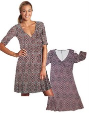 prAna Medium Red NADIA VNECK Faux Wrap DRESS 3/4 Slvs Stretch Travel Granola