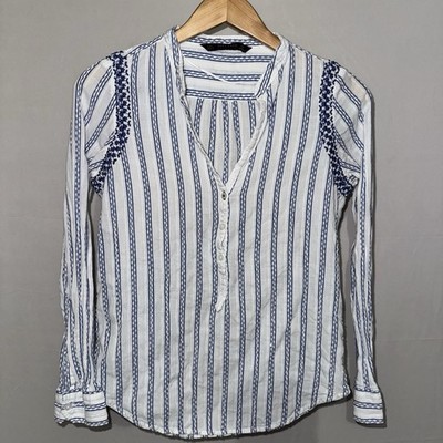 Zara Basic White Blue Striped Embroidered Button Long Sleeve V-Neck Blouse M