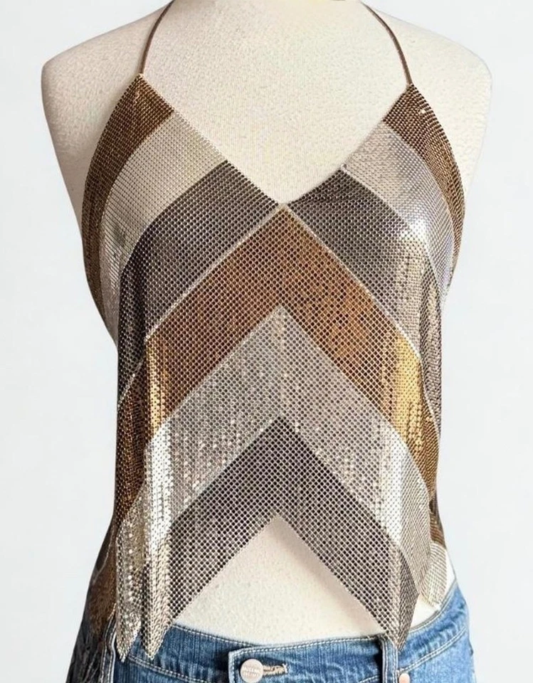 De Colección Whiting & Davis METAL MESH Gunmetal Plata Bronce CHEVRON Halter Top DISCO Foto 2 de 4