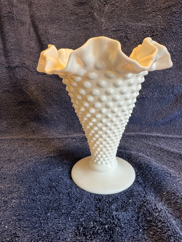 Vintage 1960s Fenton Hobnail Ruffled Milk Glass Vase