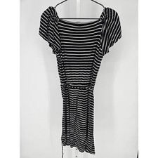 Ann Taylor LOFT Womens Sz MP Petite Knee Length Belted Dress Striped Black White