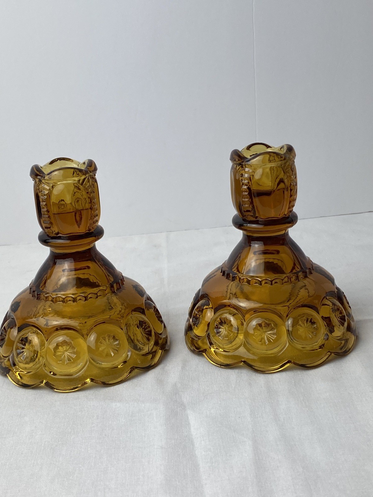 Vintage L. E. Smith Moon and Stars Amber Glass Candlesticks 