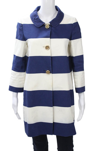 Kate Spade New York Women Striped 3/4 Sleeve Button Coat Dark Blue Size S