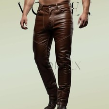 Men's Brown Genuine Lambskin Leather Pants Biker Slim Fit Western Jeans Trousers