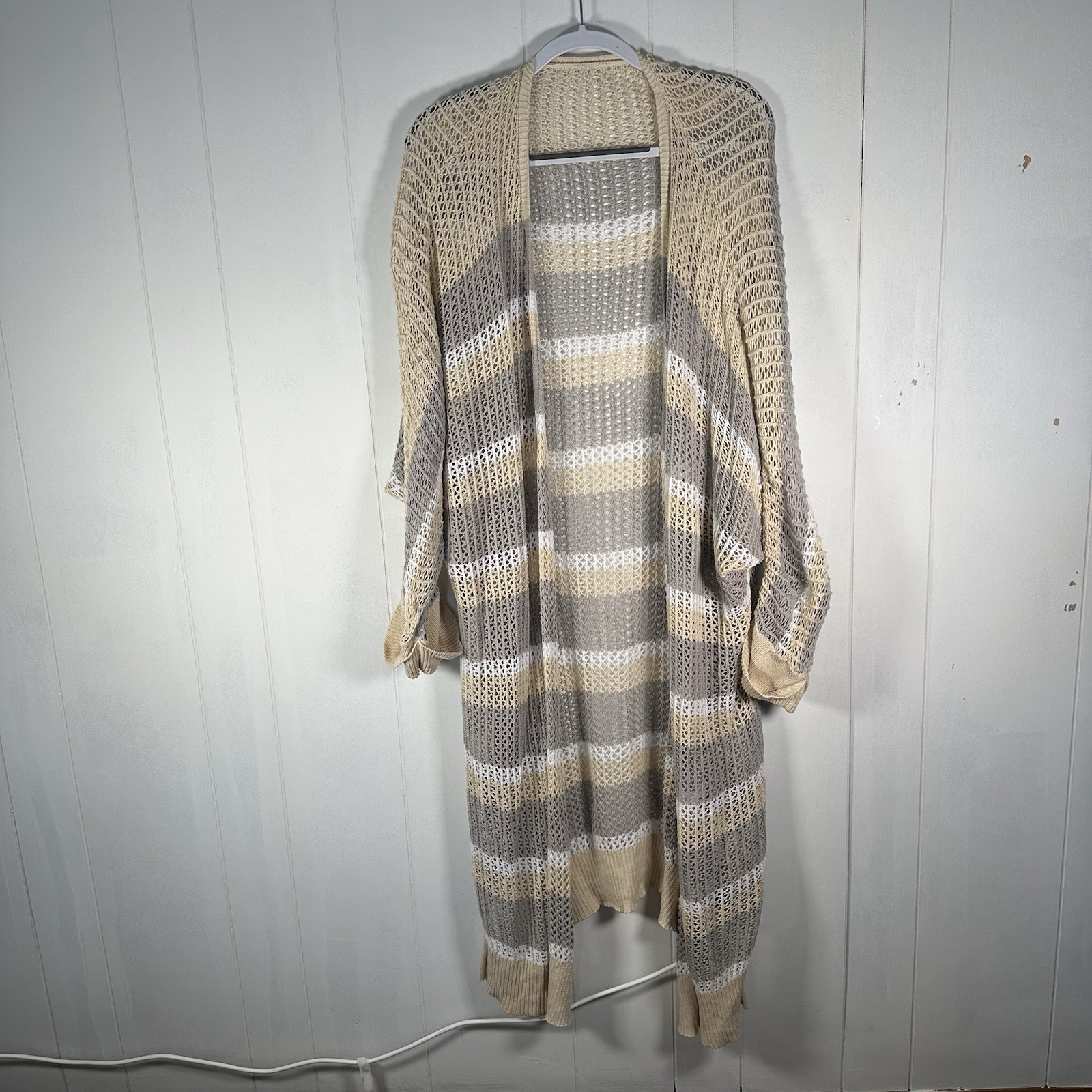 Women’s XL Beige Striped Open Knit Long Cardigan Duster Boho