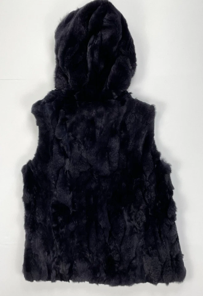 MITCHIE'S Reversible Nylon/Rabbit Fur Vest W/ Silver Fox Trim Navy Black Medium - Image 2 of 4
