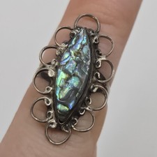Vintage Mexico 925 Sterling Silver Long Oval Ring w/ Abalone US 6 Filigree