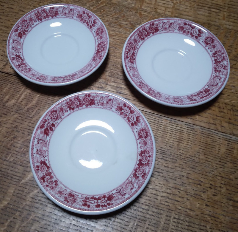 RARE Sterling China~E. Liverpool Ohio~USA~3 Matching Saucers~Red Transferware