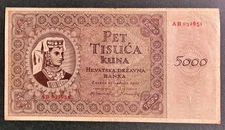 CROATIA  1943  5000 KUNA   P-14   GRADE FINE  Free shipping