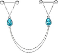Jewelry With Chains 14G Barbells Nipple Chains Body Piercing Crystal 316L Sur..