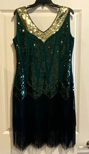 Women's Green Sequin Beaded Fringe V-Neck Sleeveless Knee Dress Flapper Party