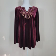 Susan Graver Velvet Tunic Top L Long Sleeve Embroidered Burgundy Boho Holiday