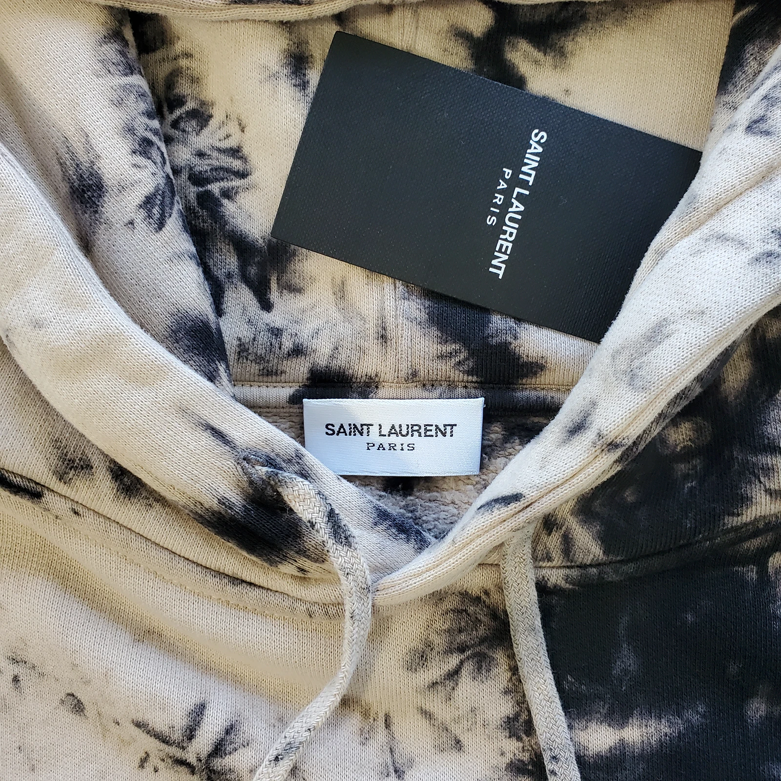 SAINT LAURENT (YSL) Felpa con cappuccio YSL Saint Laurent Brule tie dye beige e nero logo nero etichetta $950 taglia S