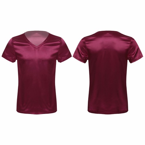 Men's Women Satin T-Shirts V Neck Short Sleeve Soft Loose Pajamas Tops Nightwear - Picture 45 of 66