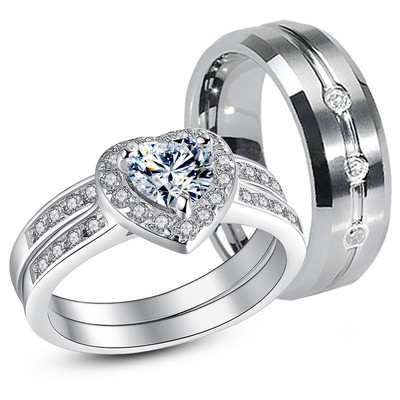 3 Pcs S925 Sterling Silver His Tungsten CZ Matching Wedding Ring Band Set