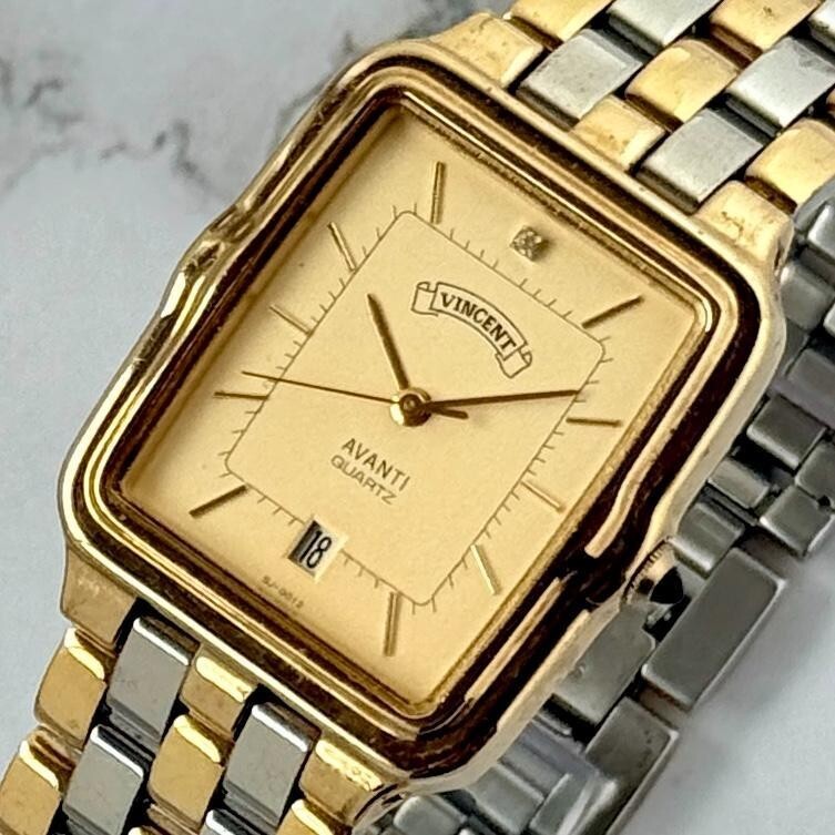 advon 自動巻き 腕時計 中古品 VINCENT AVANTI Men's Watch Quartz SJ-0012 Gold Dial Vintage