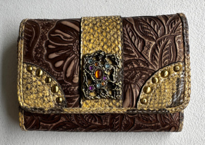 SHARIF VINTAGE Tri-fold Wallet Tooled Leather & Snakeskin with Beaded Clasp 6x4