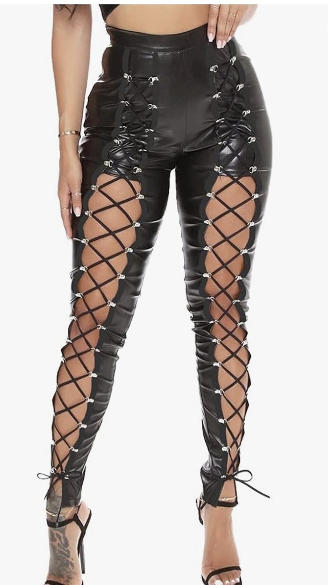 SexyFishnet Trim Lace Up PU Leather Pants Thin Lightweight