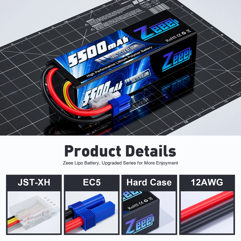 2X Zeee 3S 11,1V 120C 5500mAh LiPo Akku Batterie Hardcase EC5 für RC Auto Boot - Bild 2 von 4