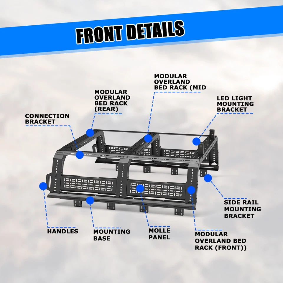 Full-Size Truck Sport Roll Bar Adjustable Chase Rack Universal with Molle Panel - Изображение 2 из 4